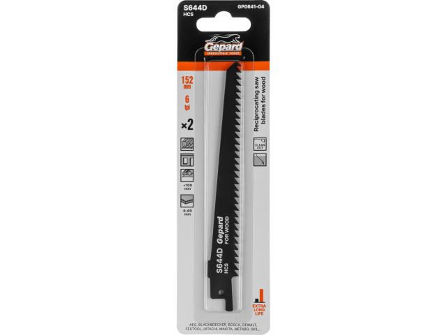 Пилка сабельная по дереву S644D (2 шт.) GEPARD (152мм, полотно для сабельной пилы, пропил прямой, чистый рез)