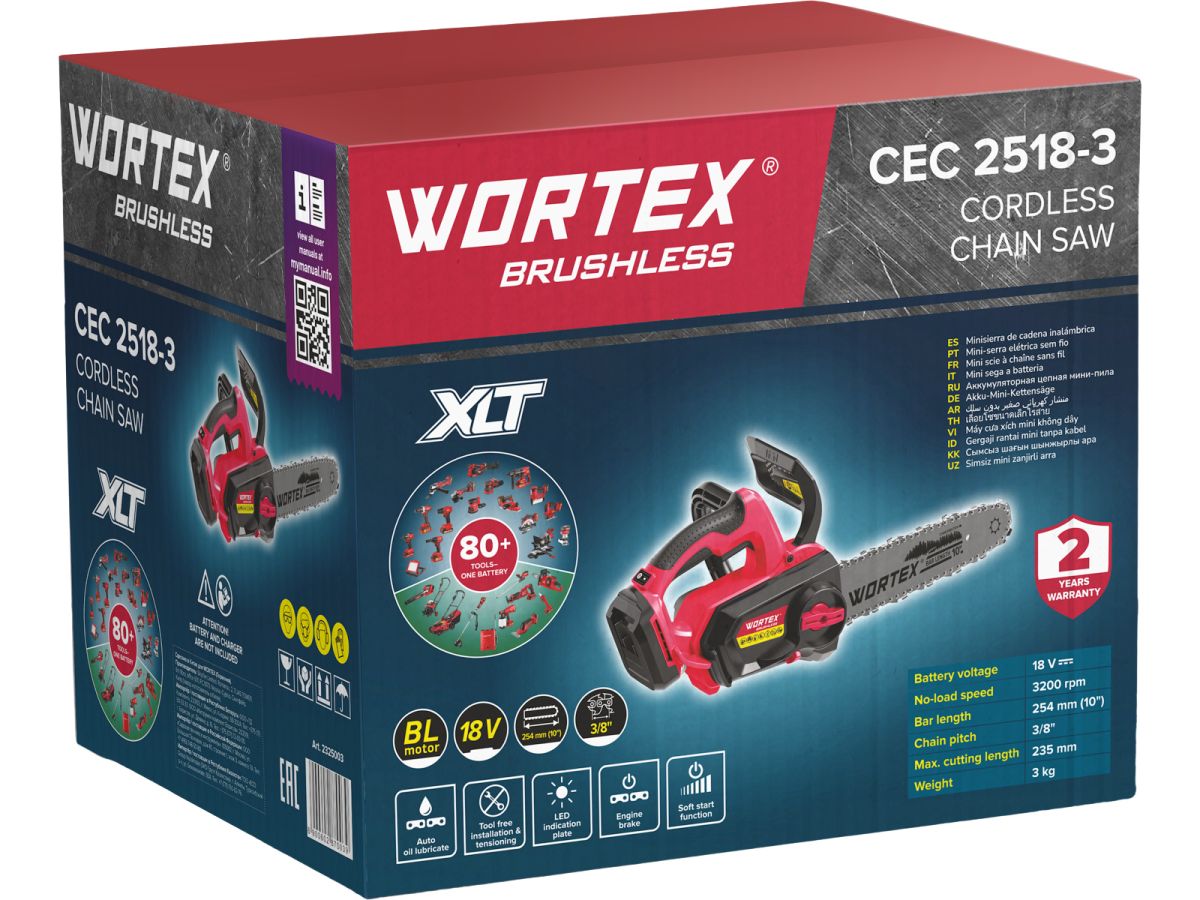 Аккум. пила цепная WORTEX CEC 2518-3 в кор. ALL1 XLT SOLO БЕСЩЕТ., 18 В, 25.4 см