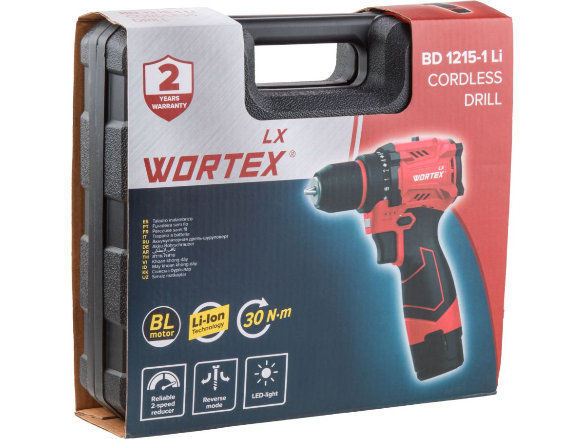 Аккум. дрель-шуруповерт WORTEX LX BD 1215-1 Li 12В, 30 Нм, 1.5 Ач акб, патрон 10 мм, бесщёт.