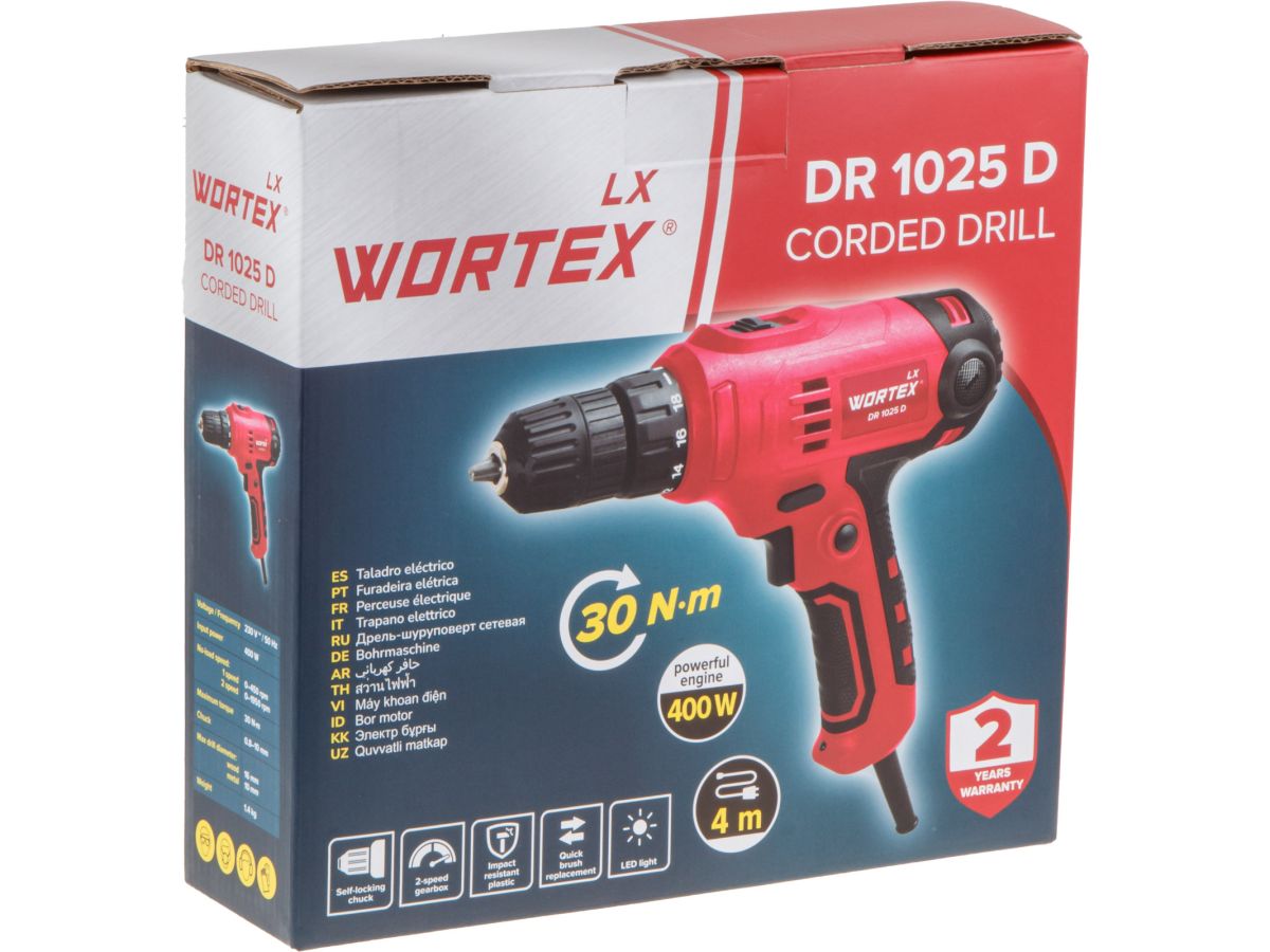 Дрель-шуруповерт WORTEX LX DR 1025 D в кор. 400 Вт, 30 Нм, 2 скор., БЗП 0.8-10 мм, 4 м шнур