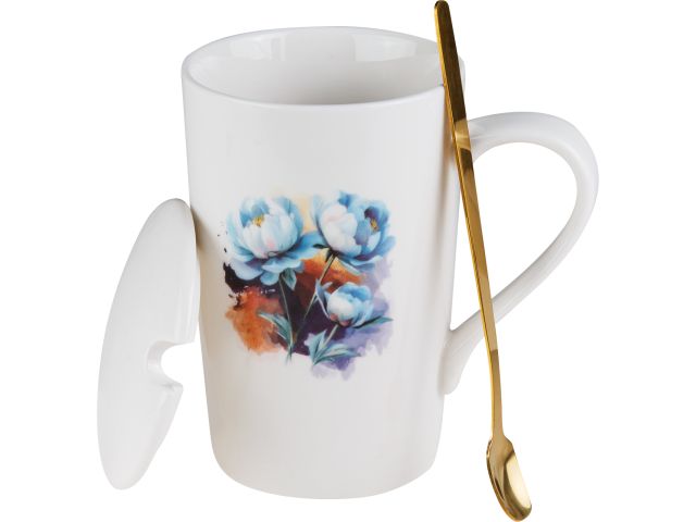 Кружка керамическая с крышкой и ложкой, 350 мл., PEONY, PERFECTO LINEA