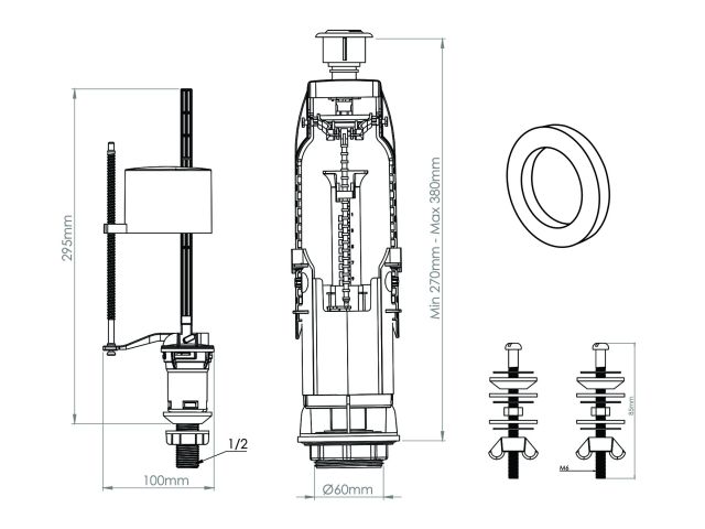 Арматура для смывного бачка, двухрежимная, с нижней подводкой, AV Engineering (крепеж из оцинк. металла)