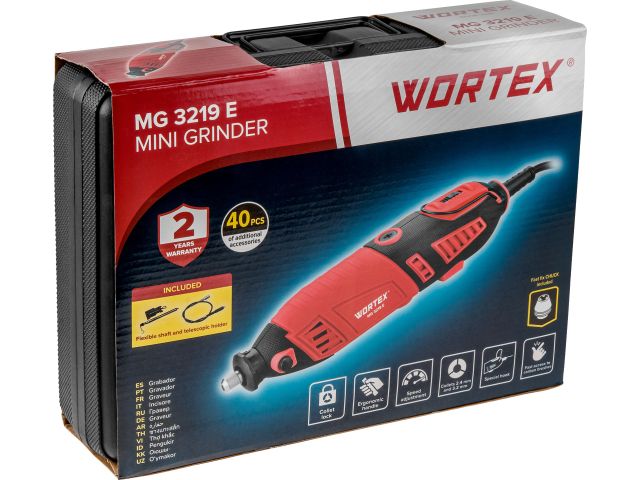 Гравер электрический WORTEX MG 3219 E в чем. +аксессуары 185 вт, 8000-35000 об/мин, цанга 2.4/3.2 мм (в чем.+ 39 аксесс., гибкий вал, держат