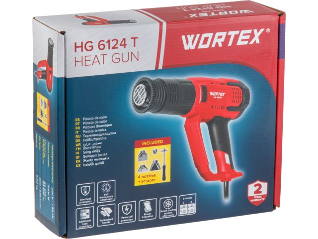 Термовоздуходувка WORTEX HG 6124 T в кор. + набор сопл 2000 Вт, 2 режима., 60-600 °С (плавн. рег., 300, 500 л/мин)