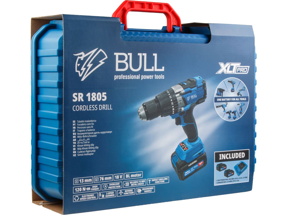 Аккум. дрель-шуруповерт BULL SR 1805 в чем. XLTpro, 2х4 А*ч, БЕСЩЕТ., 18 В, 120 Н*м, БЗП(мет.) 13 мм