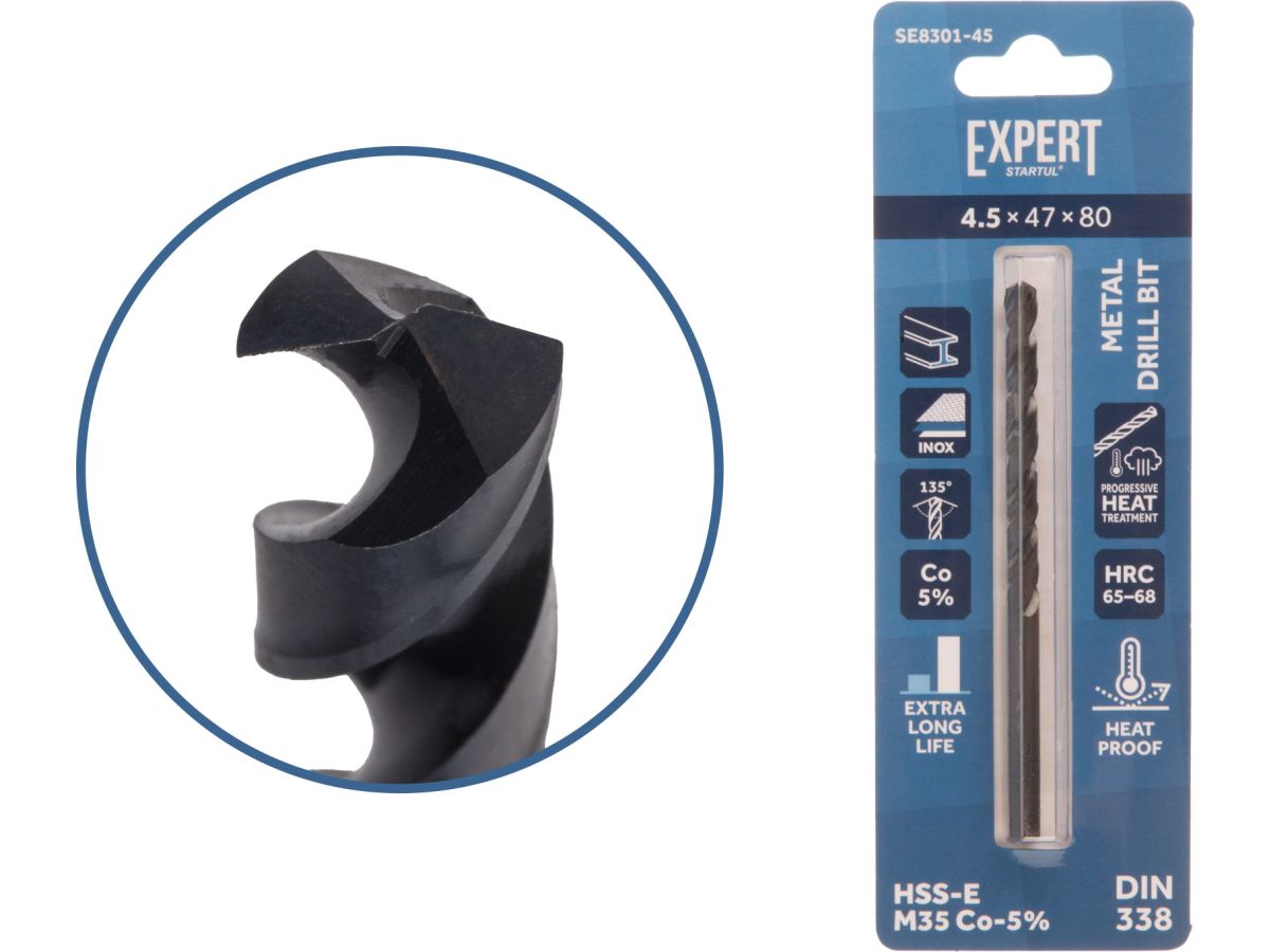 Сверло по металлу ц/х 4.5х47х80 мм HSS-Co Black EXPERT STARTUL