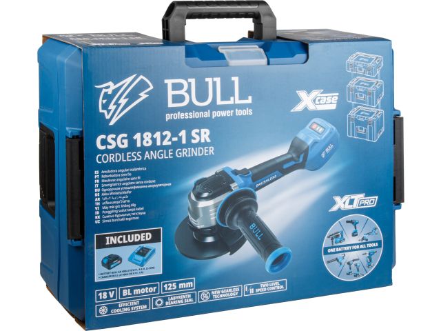 Аккум. углошлифмашина BULL CSG 1812-1 SR Xcase XLTpro 1x4 Ач БЕСЩЕТ, 125 мм, рег. об., 10 000 об/мин (Безредукторный тип, плав пуск, конст. 