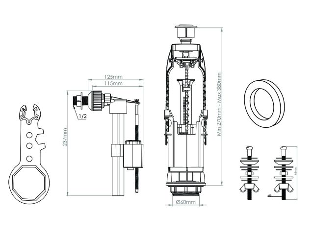 Арматура для смывного бачка, однорежимная, с боковой подводкой, AV Engineering (крепеж из нерж. стали)