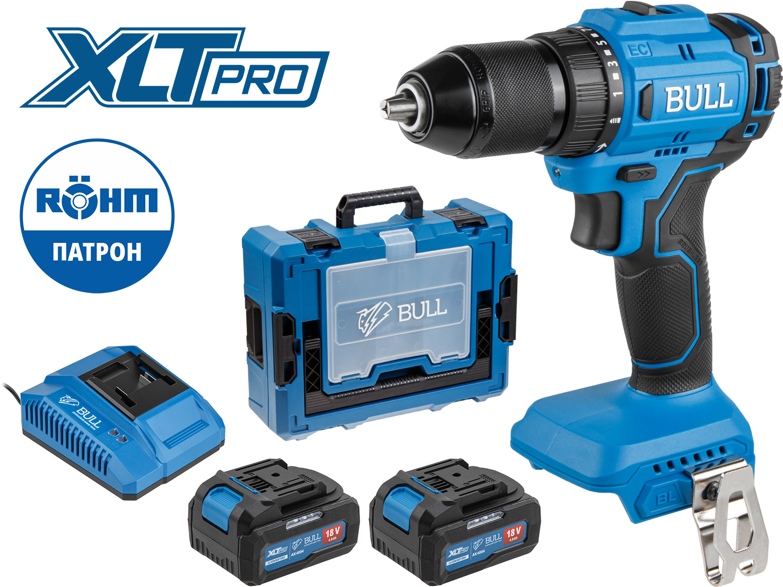 Аккум. дрель-шуруповерт BULL SR 1803 Xcase XLTpro БЕСЩЕТ., 2x4 А*ч, 18 В, 45 Н*м, БЗП 13 мм