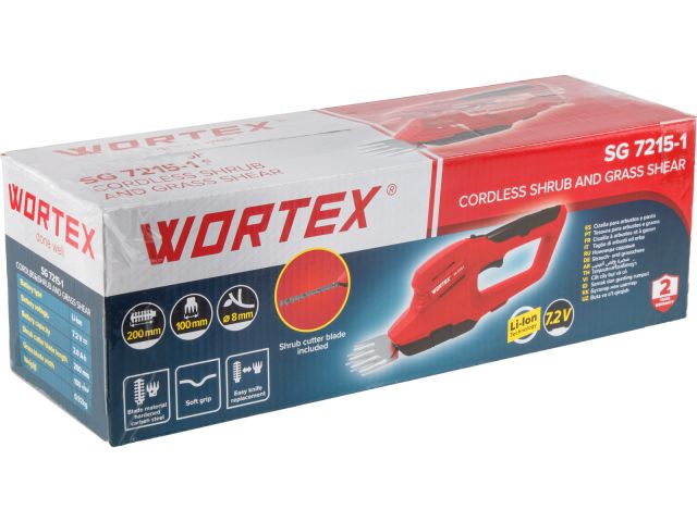 Аккум. ножницы садовые WORTEX SG 7215-1 в кор. + насадка-кусторез (7.2 В, 1 акк., 2.0 А/ч, Li-Ion, шир. 100 мм (для травы), длина 200 мм (ку