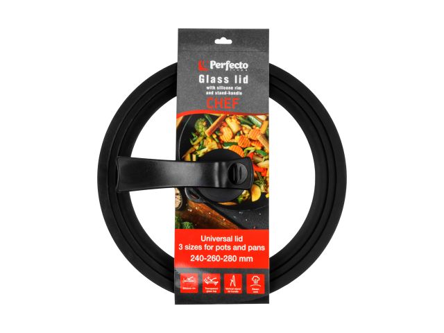 Крышка стеклянная универсальная, 240-260-280 мм, с ручкой-подставкой, CHEF, PERFECTO LINEA (Сразу три размера, ручка-подставка)