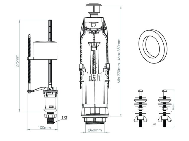 Арматура для смывного бачка, однорежимная, с нижней подводкой, AV Engineering (крепеж из оцинк. металла)
