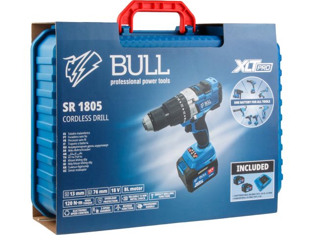 Аккум. дрель-шуруповерт BULL SR 1805 в чем. XLTpro, 2х6 А*ч, БЕСЩЕТ., 18 В, 120 Н*м, БЗП(мет.) 13 мм (Доп. функции: Ударное сверление, "Anti