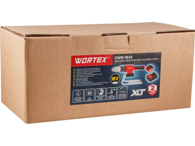 Аккум. сварочный аппарат для полимерных труб WORTEX CWM 1834 ALL1 XLT SET с акб и зу+3 насадки (300 Вт, 25-340 C, электронная регулировка.)