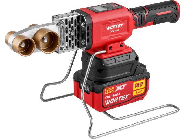 Аккум. сварочный аппарат для полимерных труб WORTEX CWM 1834 ALL1 XLT SET с акб и зу+3 насадки (300 Вт, 25-340 C, электронная регулировка.)
