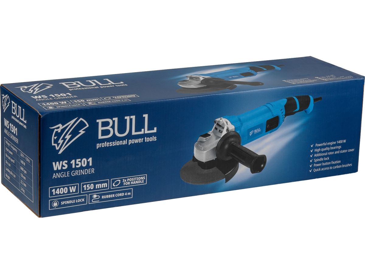 Двуручная углошлифмашина BULL WS 1501 в кор. 150 мм, 1400 Вт, 8400 об/мин, пылезащ., 4м кабель
