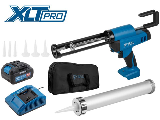 Аккум. пистолет для герметика BULL CG 1860 SET(1х4), сумка, 300/600 мл, 2500 Н, 8,3 мм/с, рег. скор. (защита от вытекания, 2 кг, 2 тубы в ко