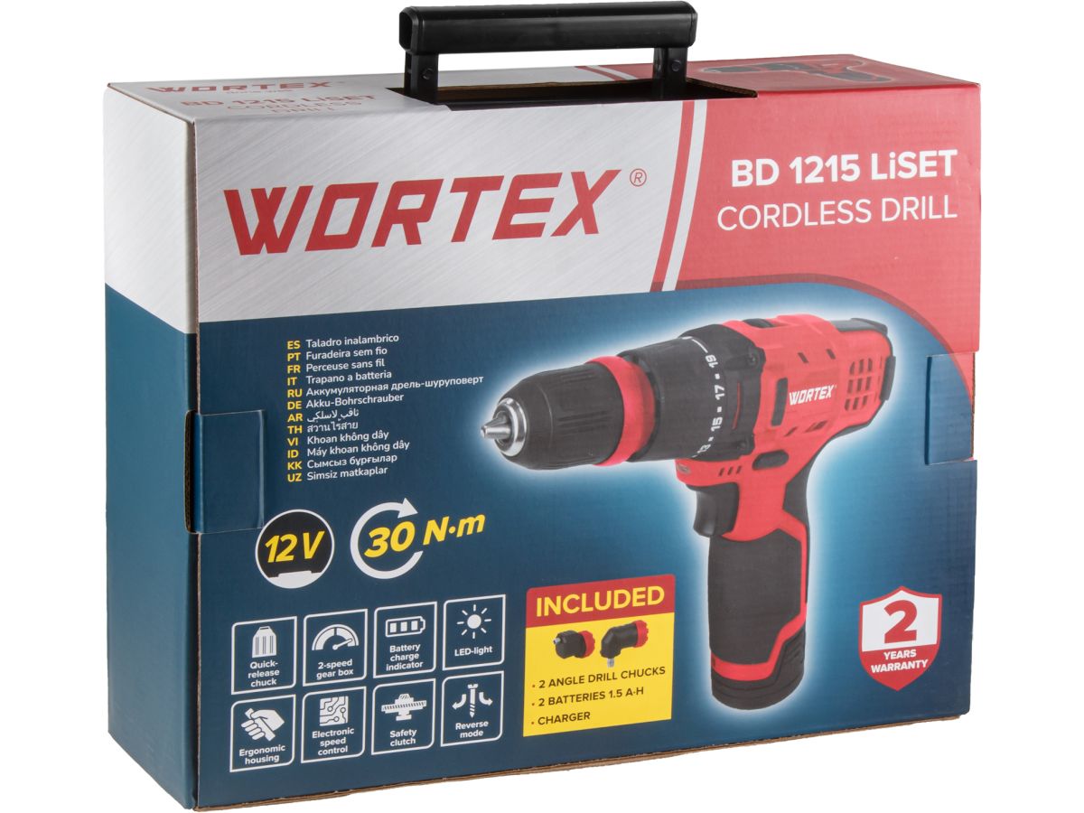 Аккум. дрель-шуруповерт WORTEX BD 1215 LiSET в чем. + 2 насадки, 12 В, 30 Н*м, 2х1.5 А*ч, БЗП 10 мм
