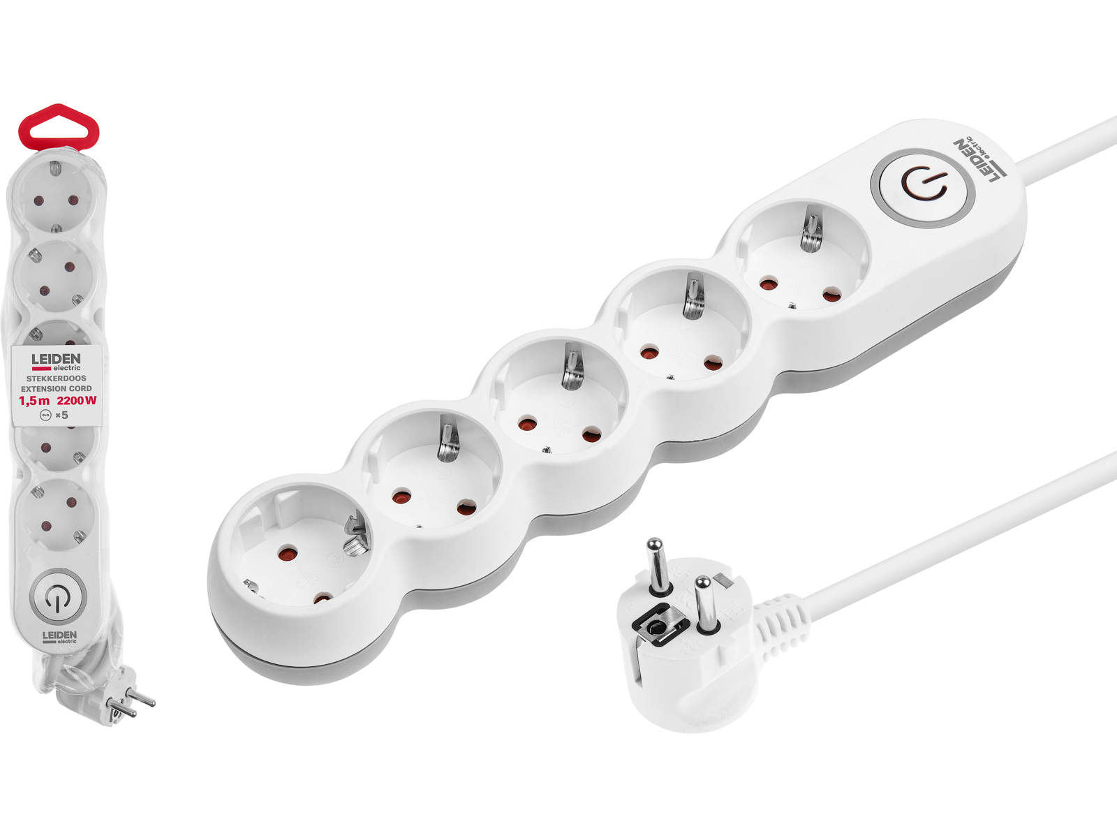 Удлинитель 1,5м (5 роз., 2,2кВт, с/з, выкл, ПВС 3х0,75) LEIDEN ELECTRIC