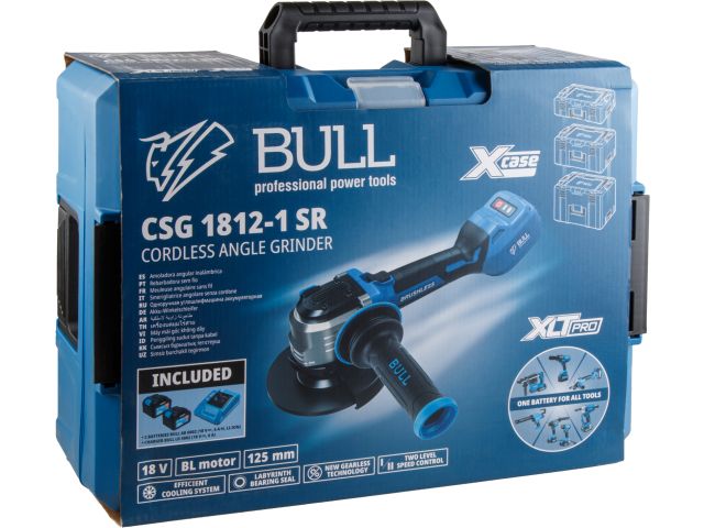 Аккум. углошлифмашина BULL CSG 1812-1 SR Xcase XLTpro 2x6 Ач БЕСЩЕТ, 125 мм, рег. об., 10 000 об/мин (Безредукторный тип, плав пуск, конст. 