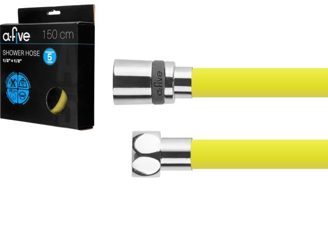 Шланг душевой, Si, 1/2" г-г 150 см, жёлтый, a-five (Гайка латунь (anti-twist), 25 бар)