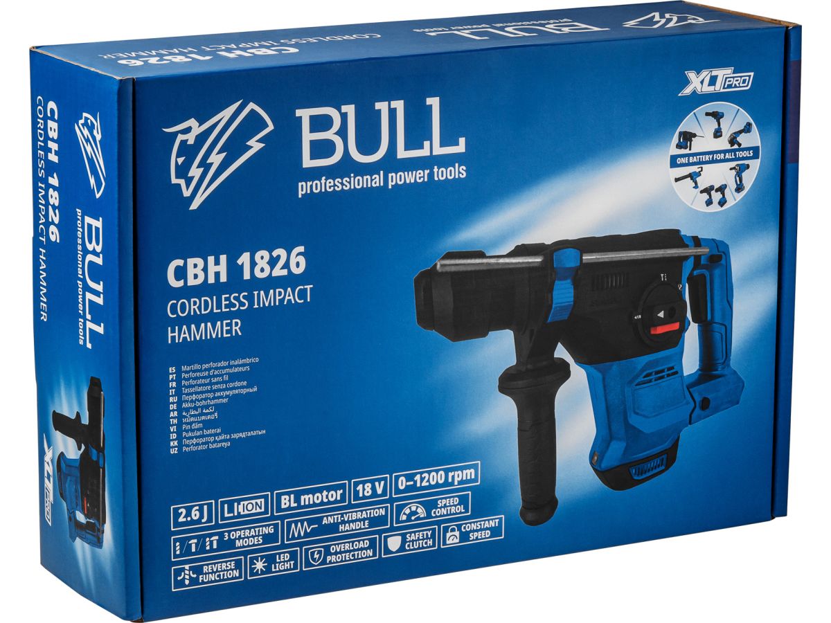 Аккум. перфоратор BULL CBH 1826 Xcase, XLTpro, БЕСЩЕТ., 18 В, 2.6 Дж, 26 мм, 1x4 А*ч, з/у