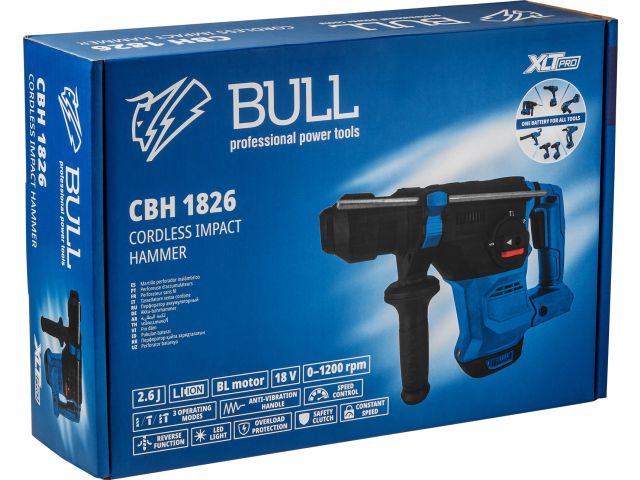 Аккум. перфоратор BULL CBH 1826 Xcase, XLTpro, БЕСЩЕТ., 18 В, 2.6 Дж, 26 мм, 1x4 А*ч, з/у (3 режима + Vario-lock, 3,2 кг)