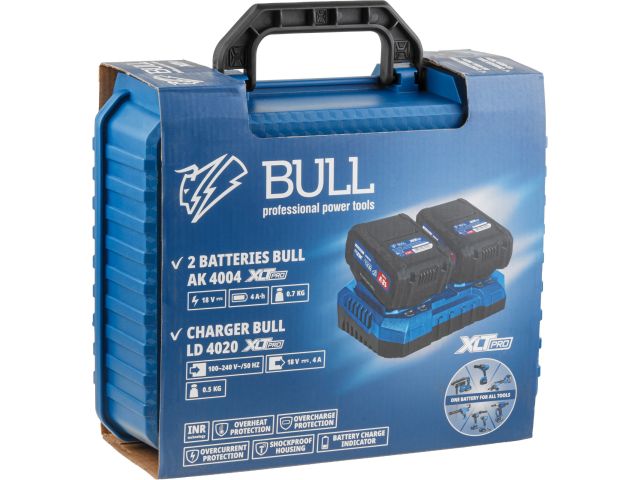 Набор аккумулятор 2х4 А*ч и зарядное устройство 2х4 А BULL XLTpro в чем. SET (18 В, 2x4 А*ч, Li-ion, З/У 2 слота, 2х4 А)