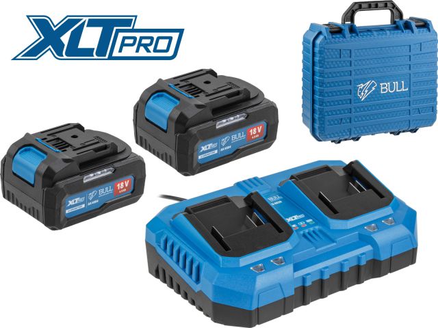 Набор аккумулятор 2х4 А*ч и зарядное устройство 2х4 А BULL XLTpro в чем. SET (18 В, 2x4 А*ч, Li-ion, З/У 2 слота, 2х4 А)