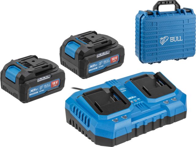 Набор аккумулятор 2х4 А*ч и зарядное устройство 2х4 А BULL XLTpro в чем. SET (18 В, 2x4 А*ч, Li-ion, З/У 2 слота, 2х4 А)