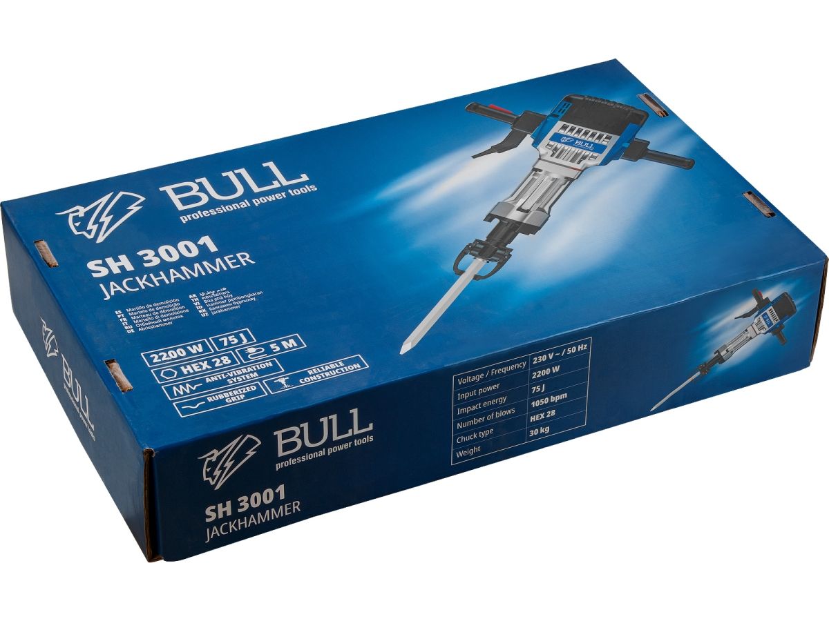 Отбойный молоток BULL SH 3001 в кор. 2000 Вт, 75 Дж, HEX 28.6 мм, 1050 уд/мин, 5 м кабель