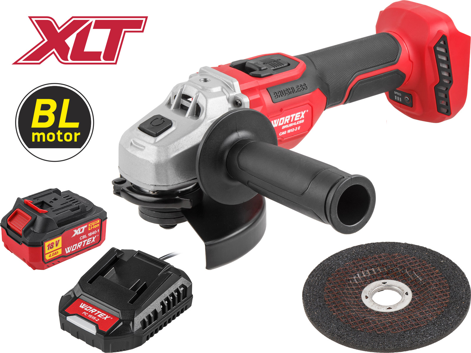 Аккум. углошлифмашина WORTEX CAG 1812-2 E в кор. XLT SET БЕСЩЕТ., 18 В, 125 мм, 3000-8500 об/мин