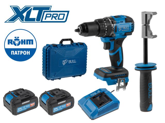 Аккум. дрель-шуруповерт BULL SR 1806 R-series в чем. XLTpro БЕСЩЕТ., Удар., 18 В, 80 Н*м, 2х4 А*ч (Импульс. режим, "AntiKickback", Автостоп 