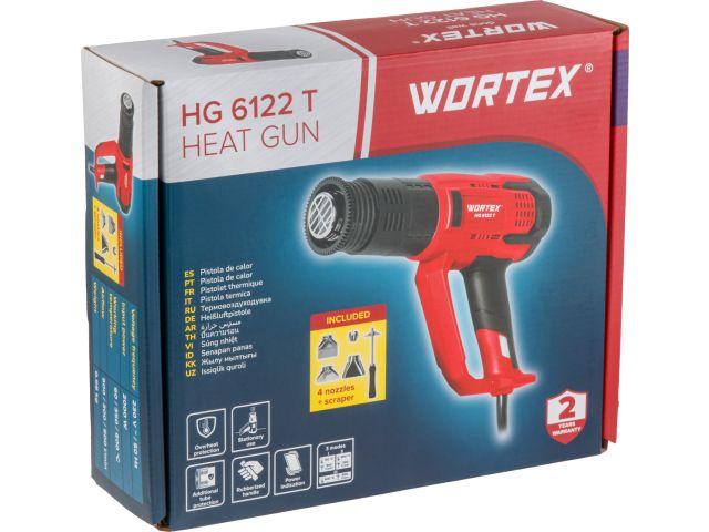 Термовоздуходувка WORTEX HG 6122 T в кор. + набор сопл 2000 Вт, 3 режима., 60-600 °С (ступенчатая. рег., 300, 500 л/мин)
