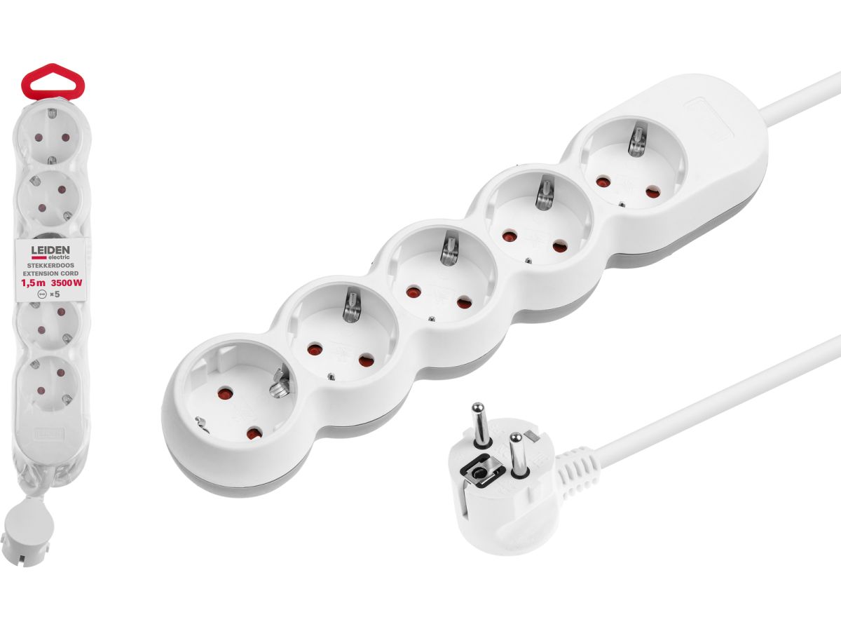 Удлинитель 1,5м (5 роз., 3,5кВт, с/з, ПВС 3х1,5) LEIDEN ELECTRIC