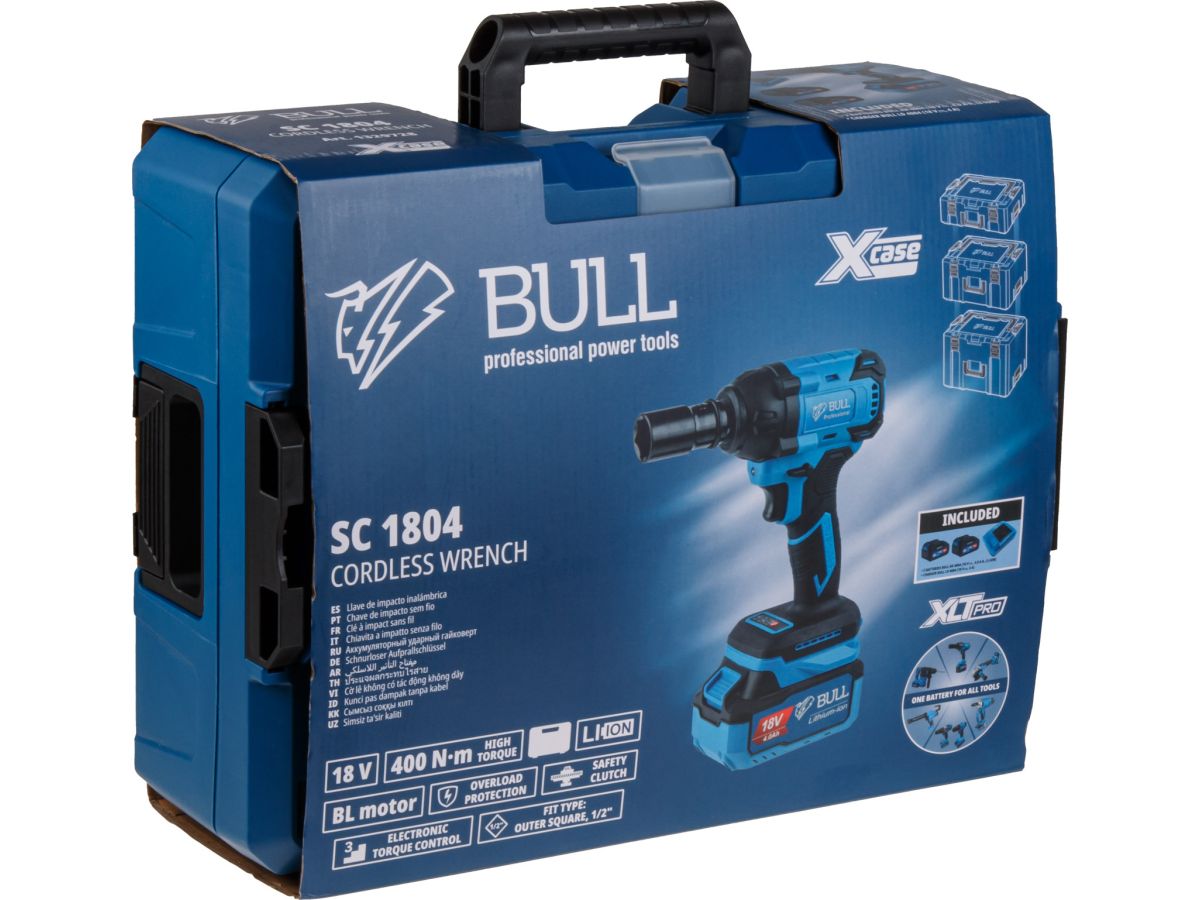 Аккум. ударный гайковерт BULL SC 1804 Xcase, XLTpro, БЕСЩЕТ., 18 В, 400 Н*м, 1/2", 2х4 А*ч, з/у 4 А
