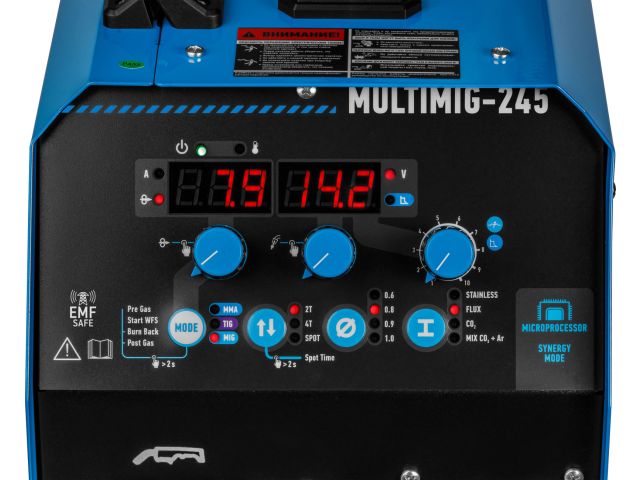 Полуавтомат сварочный Solaris MULTIMIG-245 (230В; MIG/FLUX/SPOT/MMA/TIG; евроразъем; горелка 3 м; смена полярности; 2T/4T; рег-ка индуктивн.