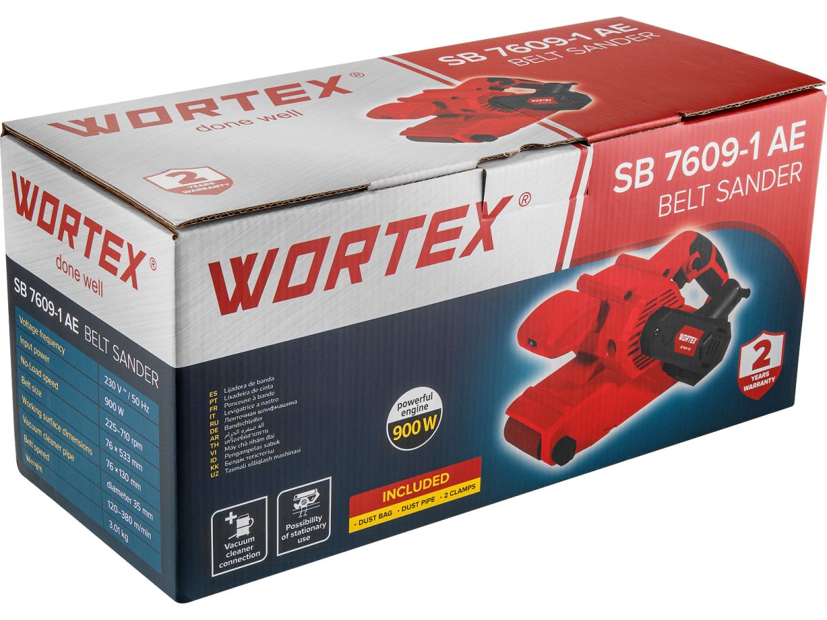 Ленточная шлифмашина Wortex SB 7609-1 AE в кор. 900 Вт, лента 76х533 мм, крепление к столу