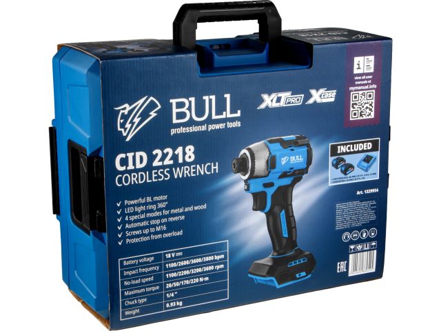 Аккум. ударный гайковерт/винтоверт BULL CID 2218 Xcase, XLTpro, SET, БЕСЩЕТ., 18 В, 220 Н*м, 2х4 А*ч (LED 360°, 8 режимов работы, память реж