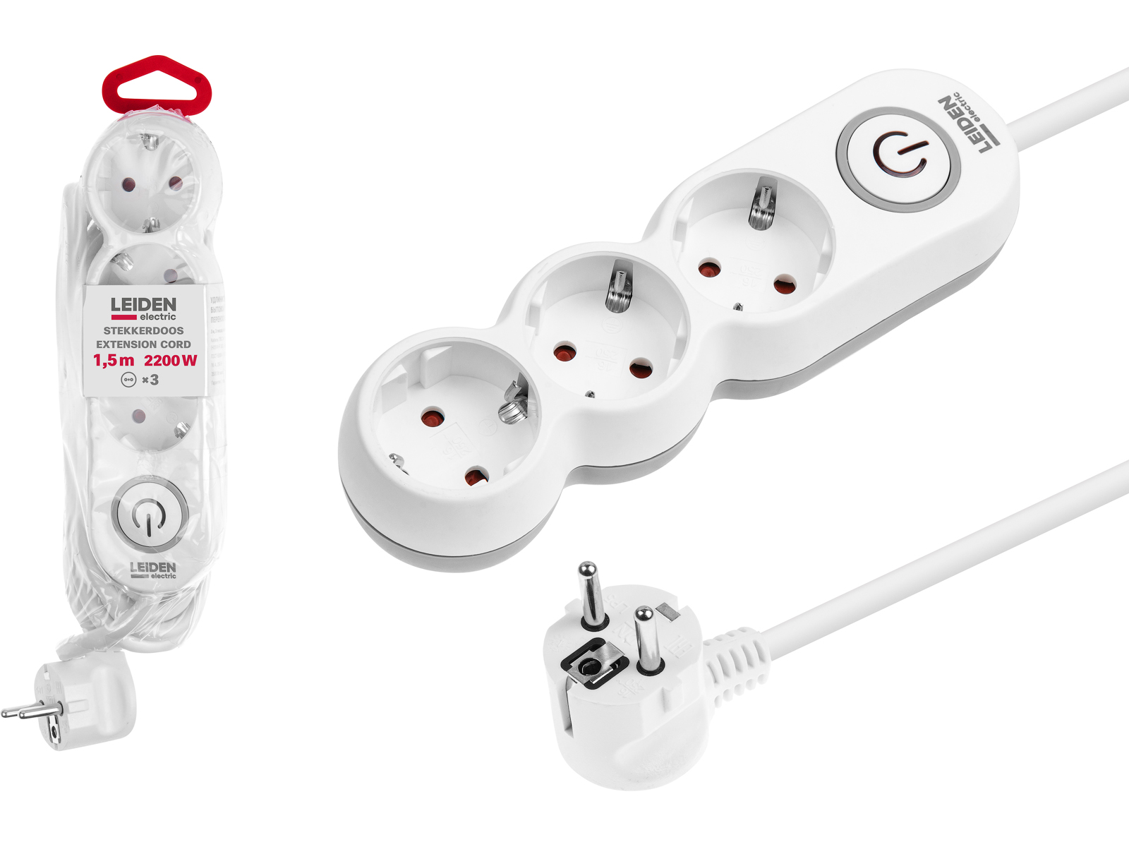 Удлинитель 1,5м (3 роз., 2,2кВт, с/з, выкл, ПВС 3х0,75) LEIDEN ELECTRIC
