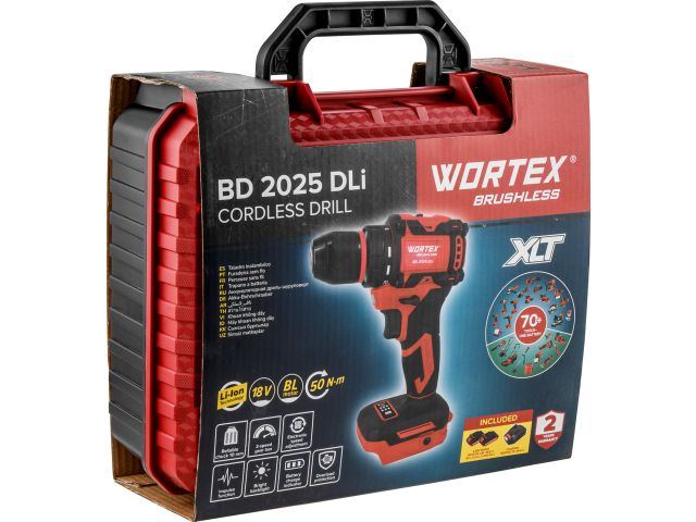 Аккум. дрель-шуруповерт WORTEX BD 2025 DLi в чем. ALL1 XLT БЕСЩЕТ, 18 В, 50 Н*м, 2х2 А*ч, БЗП 10 мм (шурупы до 9 мм, защита от перегрузки и 