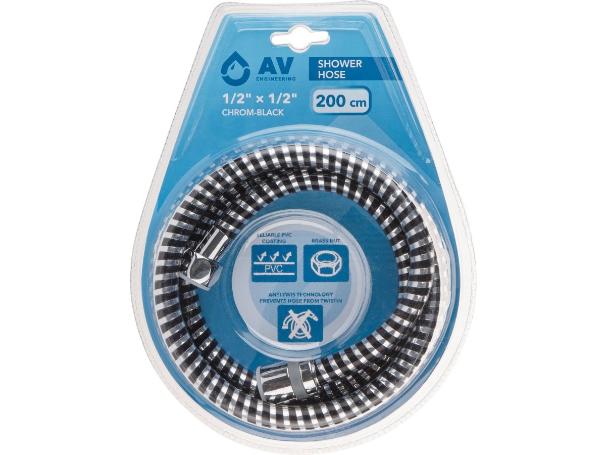 Шланг душевой, PVC, 1/2" г-г 200 см, хром-черн., AV Engineering