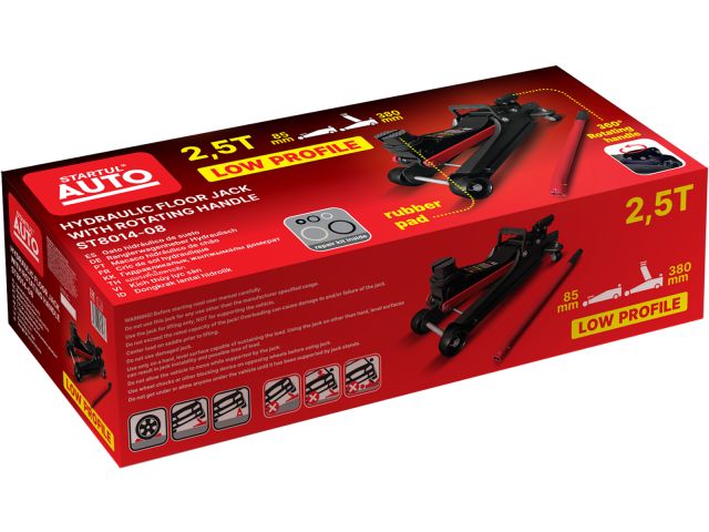 Домкрат подкатной 2,5т h85-380 STARTUL AUTO (ST8014-08) (h min 85мм, h max 380мм, низкопрофильный, поворотная ручка)