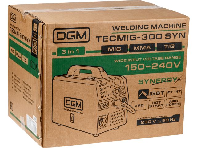 Полуавтомат сварочный DGM TECMIG-300 SYN (220В; MIG/FLUX/MMA/TIG; Синергия; евроразъем; смена полярности)