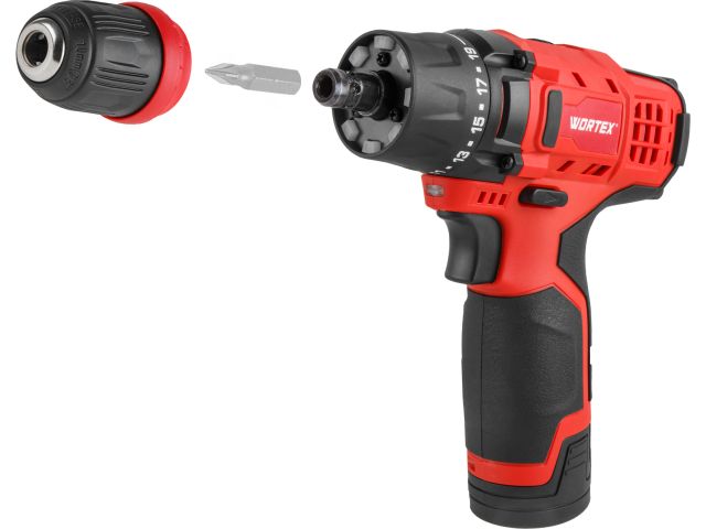 Аккум. дрель-шуруповерт WORTEX BD 1215 LiSET в чем. 12 В, 30 Н*м, 2х1.5 А*ч, БЗП 10 мм (Быстросъемный патрон, шурупы до 6 мм)