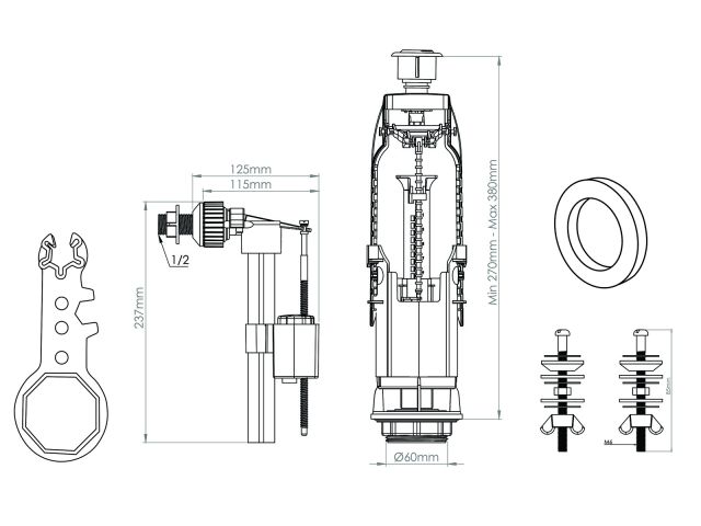 Арматура для смывного бачка, двухрежимная, с боковой подводкой, AV Engineering (крепеж из нерж. стали)