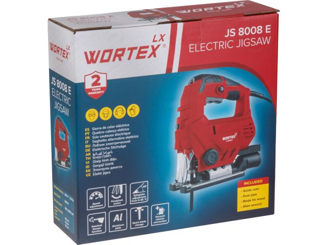 Лобзик электрический WORTEX LX JS 8008 E в кор. 800 Вт, 500-3350 ход/мин, пропил до 80 мм, алюм.под. (маятник.ход, сдув опилок, рег.об., бзп