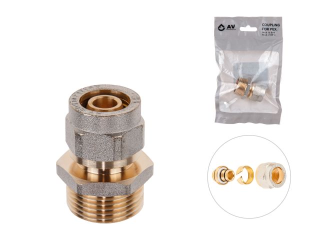 Ниппель 16(2.0) х 3/4" нар. для труб PEX, AV Engineering (инд. упак.) (для металлопластиковых и PEX труб)