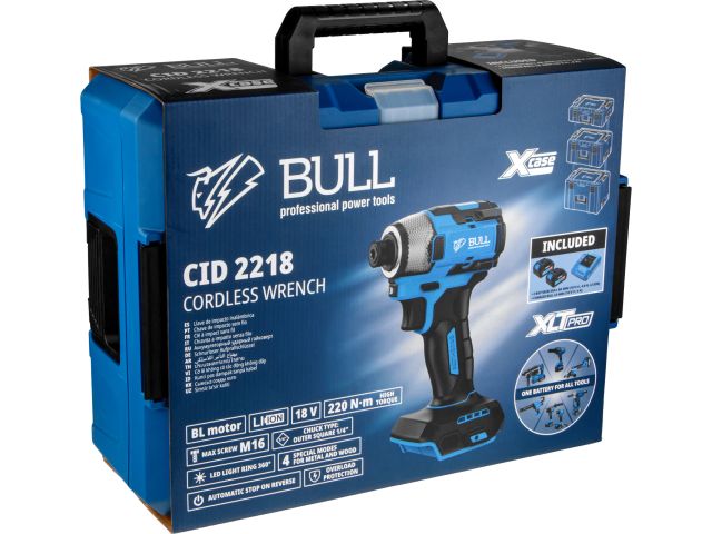 Аккум. ударный гайковерт/винтоверт BULL CID 2218 в чем. XLTpro, SET, БЕСЩЕТ., 18 В, 220 Н*м, 1х4 А*ч (LED 360°, 8 режимов работы, память реж