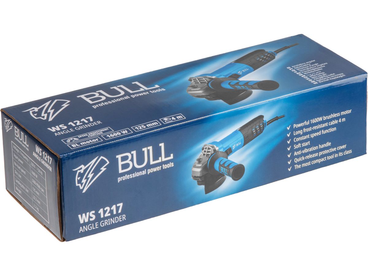 Одноручная углошлифмашина BULL WS 1217 в кор. БЕСЩЕТ., рег. об., 125 мм, 1600 Вт, плав. пуск., 4 м